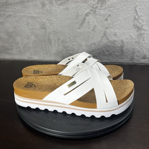 REEF Kaia Cross Women Size 10 White Vegan Leather Cushioned Slide Sandals - Picture 1 of 8
